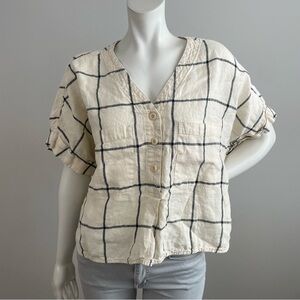 EVERLANE Cream & Black Linen Windowpane Print Oversized Short Sleeve Button Down